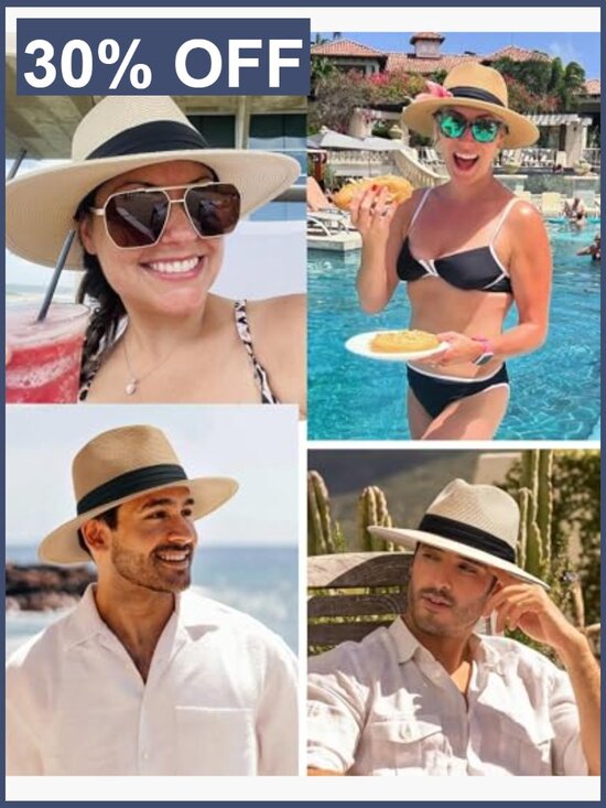 Wide Brim Straw Fedora Panama Hat UPF 50+ Packable Foldable Summer Sun Hat with main image 3